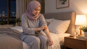 Wanita memeriksa kulit lengan yang gatal pada waktu malam