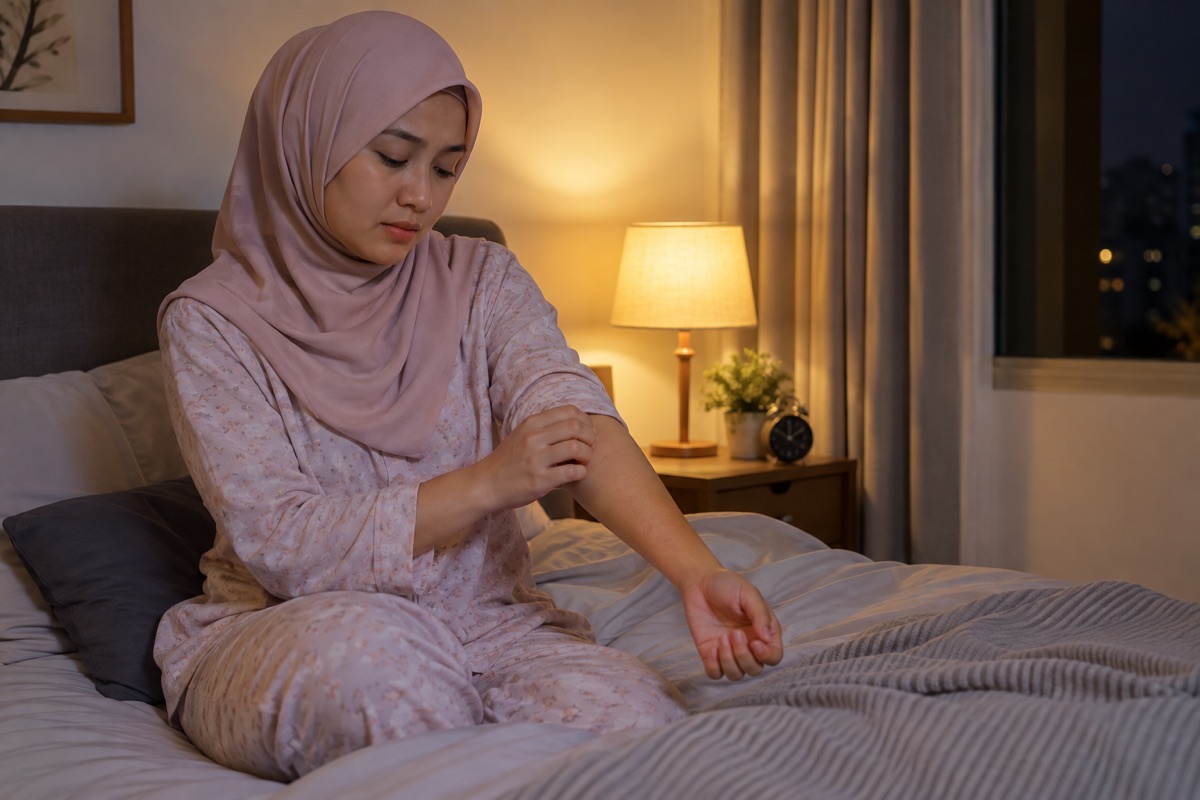 Wanita memeriksa kulit yang gatal sebelum tidur