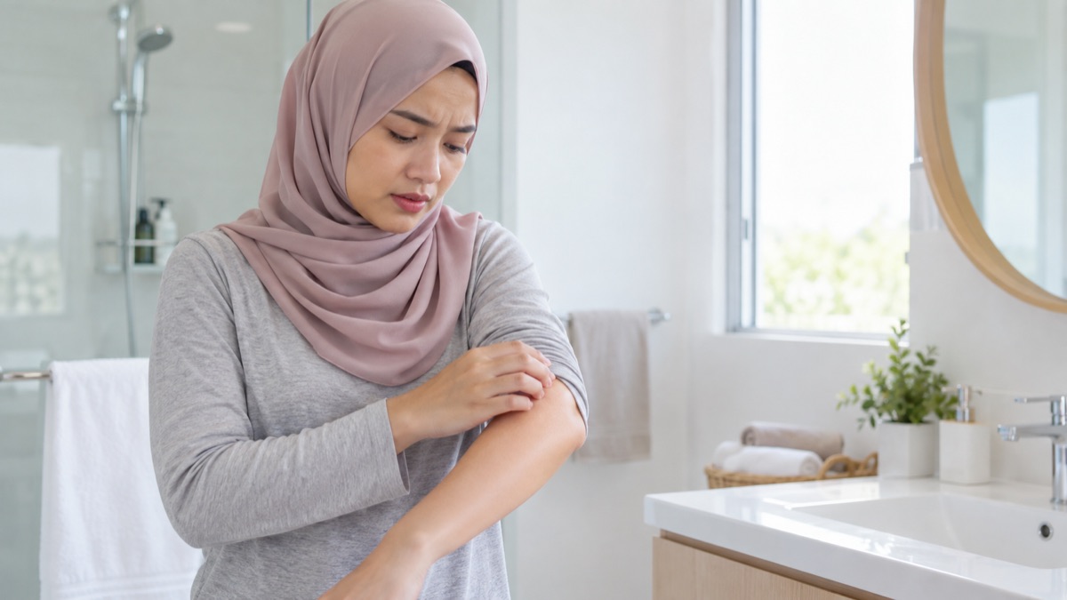 Wanita memeriksa kulit lengan yang gatal